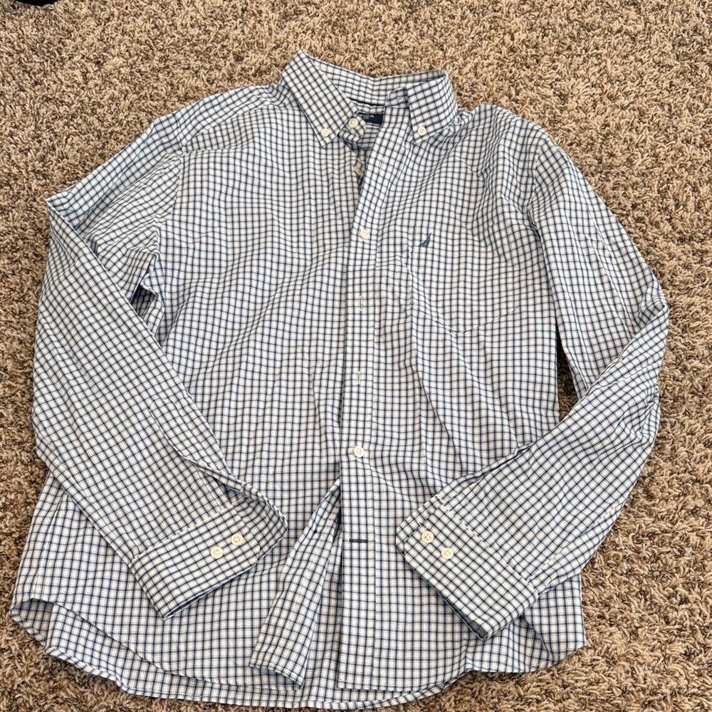 Nautica Men's White and Blue Plaid Shirt